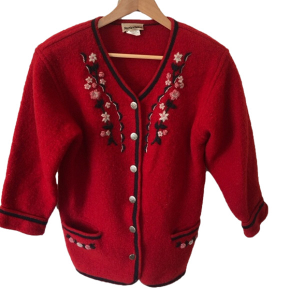 Vintage Cottagecore Red Embroidered Floral Wool Cozy Cardigan Jacket Small - Picture 2 of 7